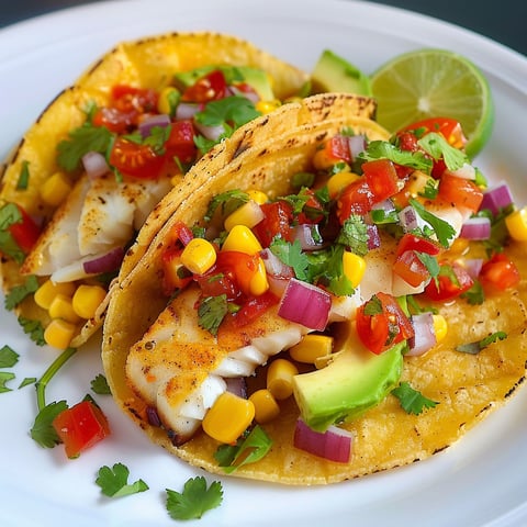 Tacos au poisson sur la plaque, avec des légumes colorés et des avocats, servis sur une plaque blanche.
