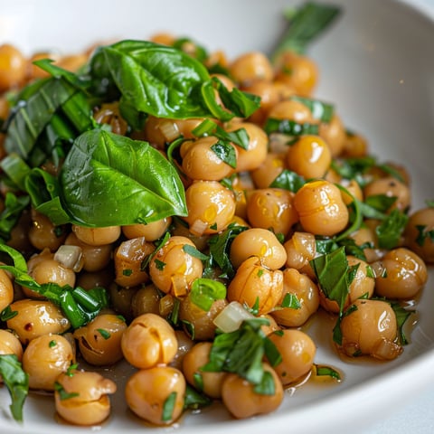 Une assiette de pois chiches rôtis aux oignons verts, accompagnée de feuilles de basilic.