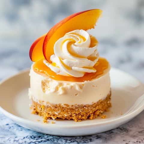 Un délicieux dessert à la pêche sans cuisson, présenté sur un plateau en verre.