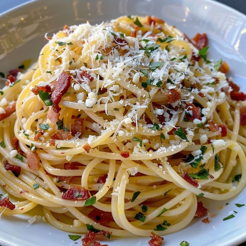 Une pile de spaghettis au bacon, au piment et au pecorino, servie sur un plateau.
