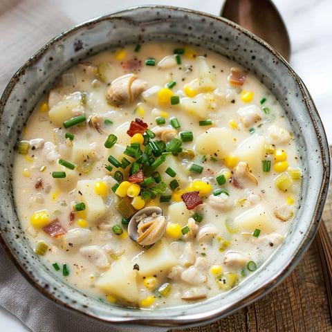 Une soupe de poisson et de légumes, incluant des palourdes et des épinards, est servie dans un bol en grès.