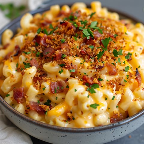 Une casserole de macaroni au fromage, garnie de bacon et de herbes.