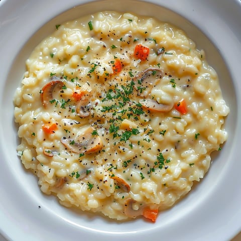 Risotto à la carotte et au parmesan, avec des champignons et des herbes, est un plat délicieux et savoureux.