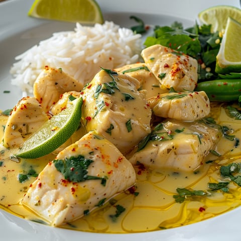 Plate of food with chicken and rice, with a lime wedge on the side.