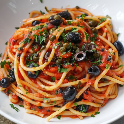 Une plate de spaghetti à la sauce puttanesca, garnie d'olives et de herbes.