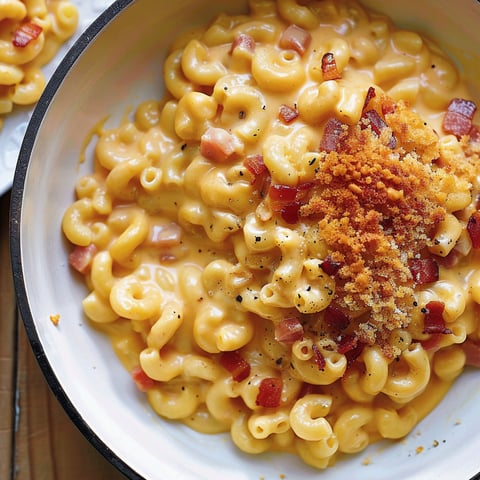 Une assiette de macaroni au fromage, à la pancetta et à la vodka, est servie sur une table.