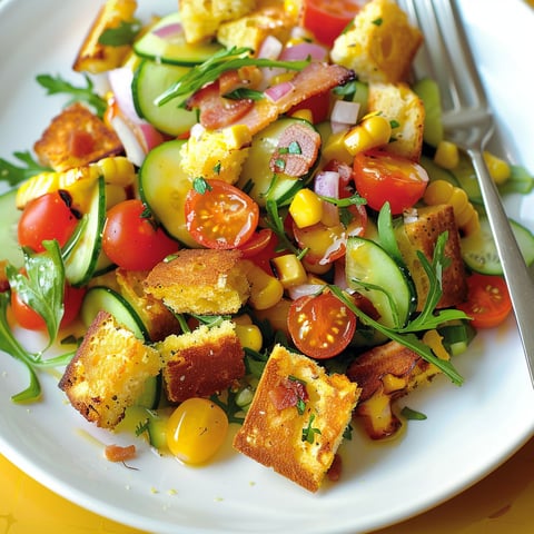 Une salade de panzanella au pain de maïs, composée de tomates, de cucumbers, de bacon et de pains de maïs.