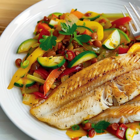 Une poêle de sauté de légumes accompagne un filet de tilapia.