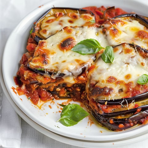 Une recette de Parmesan d'aubergines est servie sur un plateau.