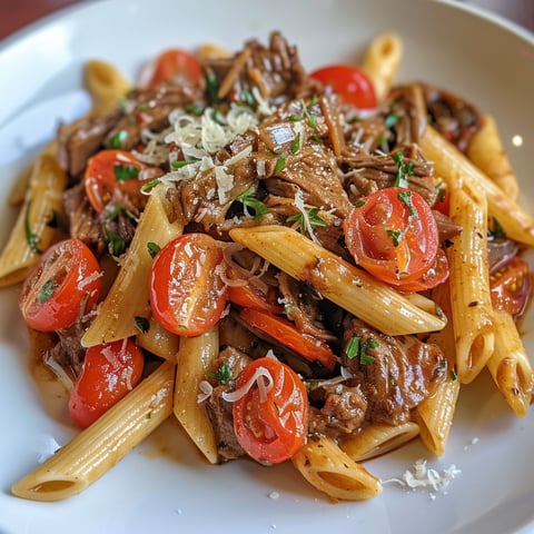 Une plate de pâtes au boeuf braisé aux oignons à la provençale, avec des tomates et des herbes fraîches.