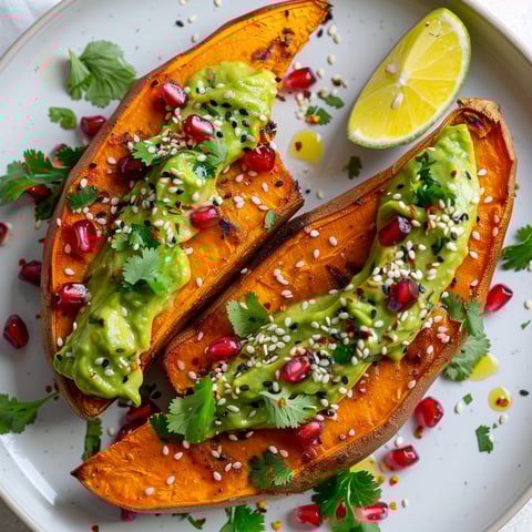 Une patate douce rôtie avec une sauce à l'avocat.