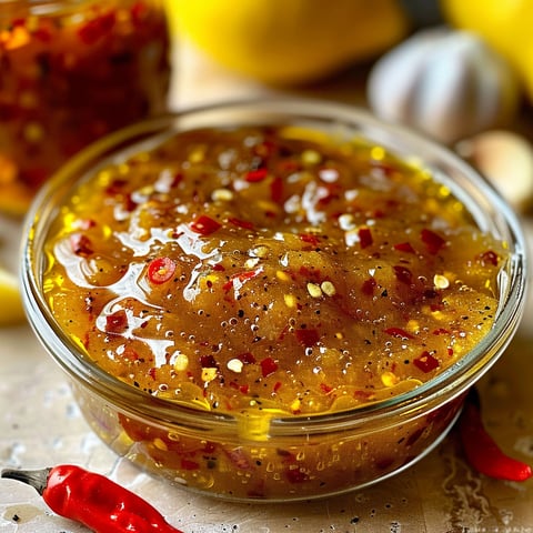 Une sauce miel-citron épicée est servie dans un bol.