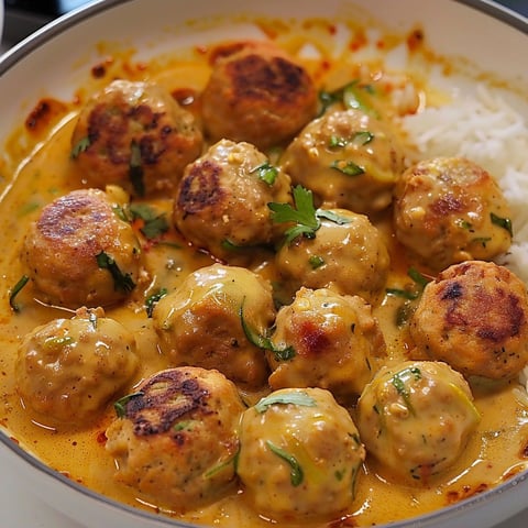 Boulettes indonésiennes au poulet dans une sauce crémeuse cari et lait de coco.