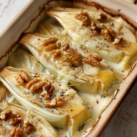 Un plat de gratin d'endives au roquefort et noix, avec des noix et des graines de noix sur le dessus.
