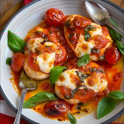 Un plat de suprêmes de poulet au four, poivrons et mozzarella, avec une fourchette et une cuillère à soupe.
