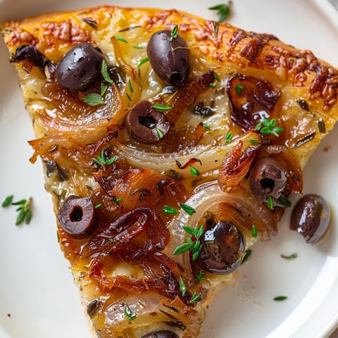Une trancherie de pizza provençale aux anchois et olives noires, servie sur un plateau blanc.