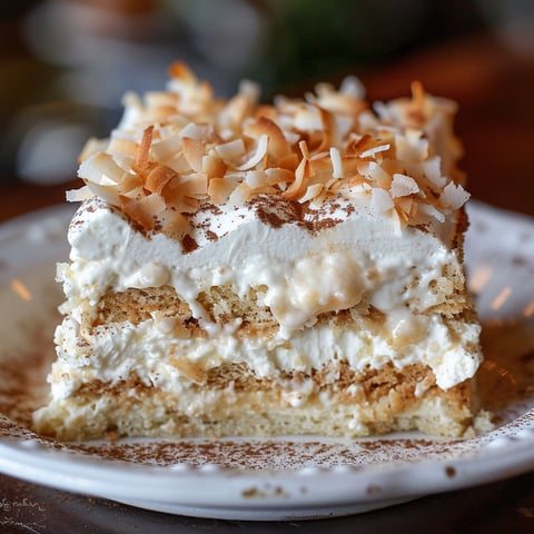 Une tarte de coquito aux noix de coco, garnie de coconut, est servie sur un plateau.