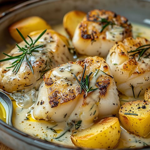 Une assiette de cabillaud et de pommes de terre à la crème de romarin, servie dans un bol.