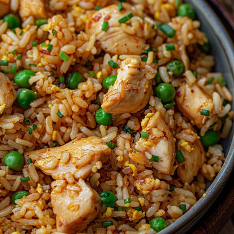 Riz frit au poulet, une recette de cuisine asiatique, est servie dans un bol en métal.