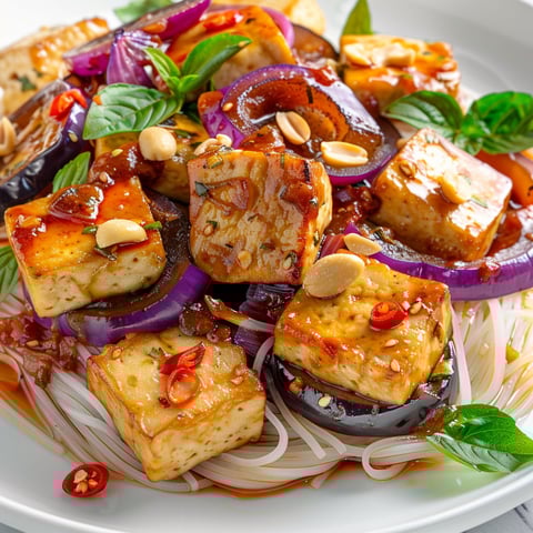 Une assiette de tofu et aubergines aigre-doux, avec des herbes vertes et des noix de cajou.