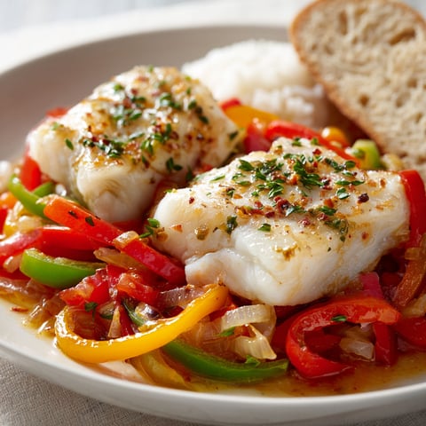 Un plat de cabillaud à la basquaise avec des poivrons et du pain.