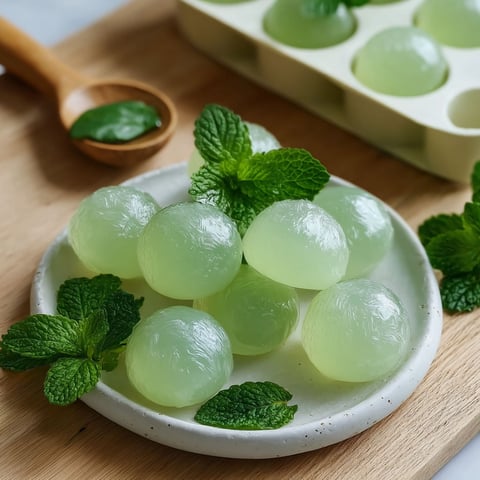 Bonbons menthe fraîche maison, une recette maison de délicieux petits fruits verts, sont présentés sur un plateau en bois.