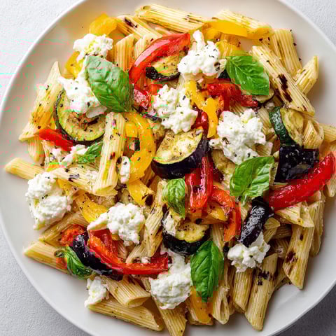Une salade de pâtes aux légumes grillés et ricotta, servie sur un plateau.