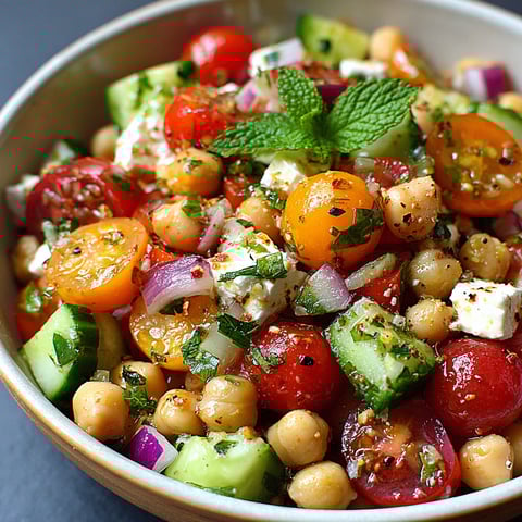 Une salade d'été composée de pois chiches, de tomates, de cucumbers, de moutarde et de herbes fraîches.
