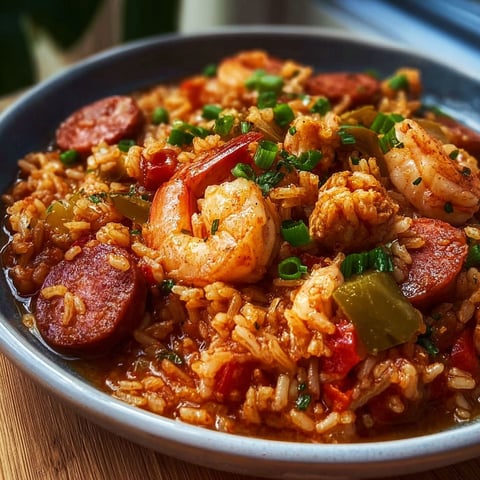 Un plat de jambalaya à la Louisiane, avec des fruits de mer, des épinards et des herbes.
