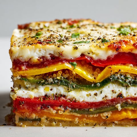 Un délicieux lasagnes froides de poivrons et quinoa, composé de plusieurs couches de sauce tomate, de quinoa et de poivrons, est présenté sur une table.