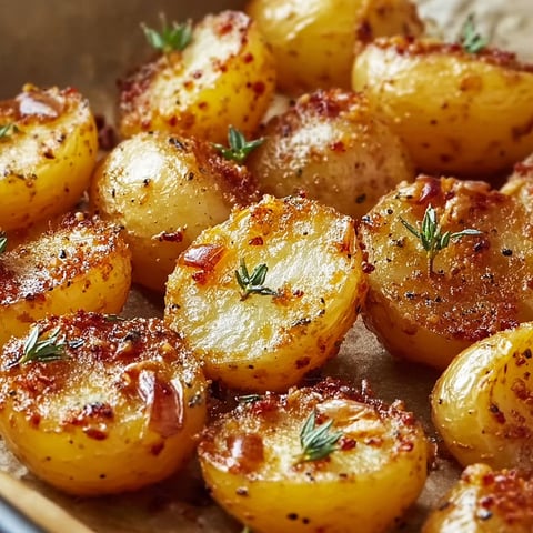 Une assiette de pommes de terre rôties à la moutarde et au thym.
