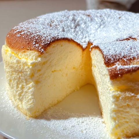 Une portion de gâteau nuage au yaourt légèrement moelleux, avec une pâte légèrement dorée et une couche de sucre.