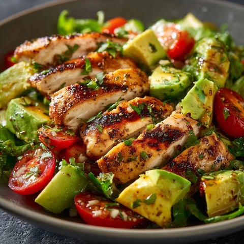 Une salade de poulet grillé et avocat, avec des tomates et des herbes vertes.