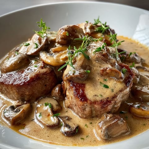 Un plat de médaillons de porc à la crème et aux champignons, servit sur un plateau blanc.