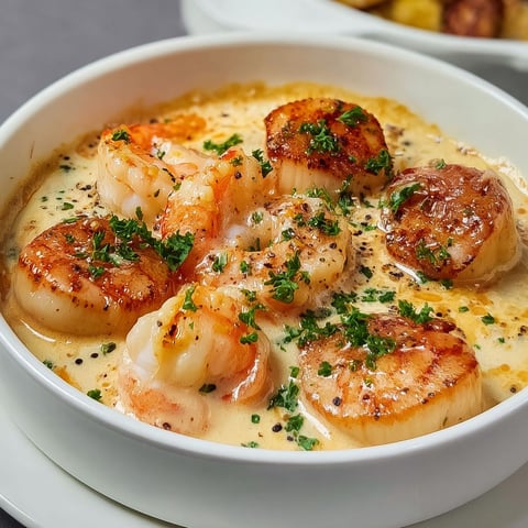 Cassolettes de gambas et Saint-Jacques à la sauce crémeuse, une recette savoureuse et délicieuse.
