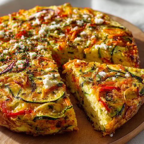 Une tarte de courgettes aux légumes sans pâte à la poêle est servie sur un plateau.