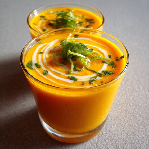 Une tasse de soupe froide carotte, coco et citron vert.
