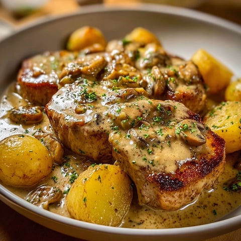 Une assiette de côtelettes de porc nappées de sauce avec des pommes de terre.