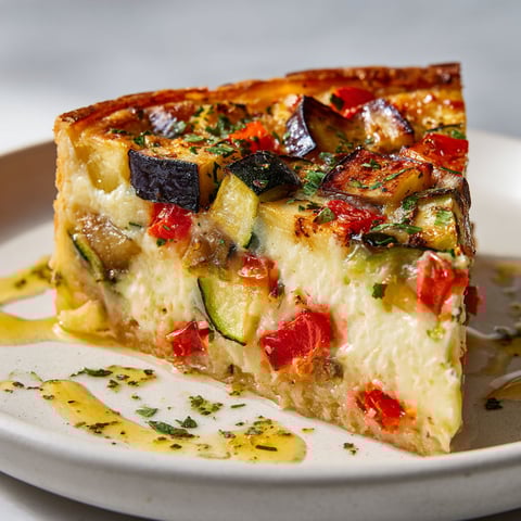 Une pièce de flan provençal aux légumes d'été, avec des tomates, des courgettes et des épinards, est servie sur un plateau.