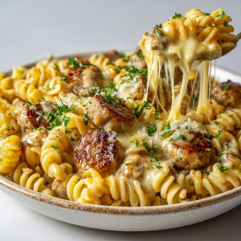 Une casserole de pâtes rotini au poulet, saucisse et cheddar, avec des herbes vertes et une sauce chaude.