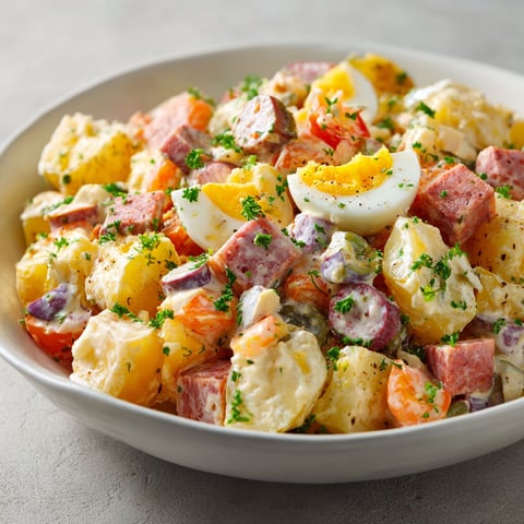 Une salade piémontaise façon traiteur, composée de légumes et de viande, est servie dans un bol.