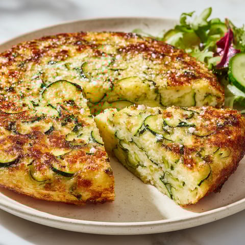 Un gâteau invisible aux courgettes et parmesan, découpé en tranches et présenté sur un plateau.