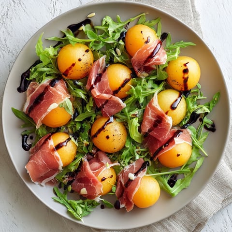 Une salade de melon, jambon cru et roquette, avec des sauces et des herbes pour une expérience culinaire délicieuse.