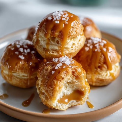 Plate of choux au caramel au beurre salé.