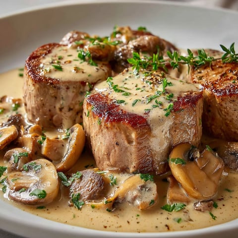 Un plat de filet de porc à la crème et aux champignons, avec des champignons et des herbes sur le dessus.