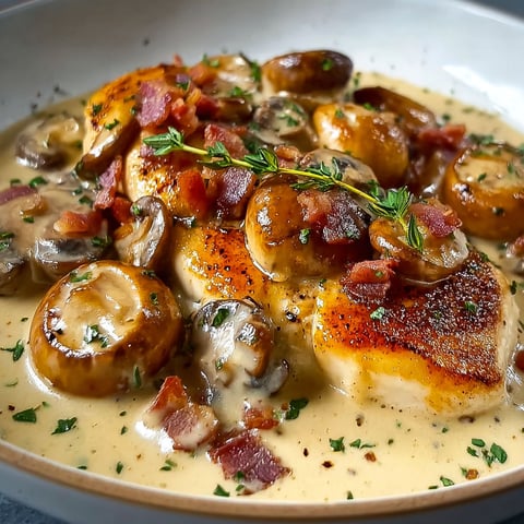 Un plat de poulet crémeux aux champignons et bacon, avec des herbes et des mushrooms, est servie dans un bol.