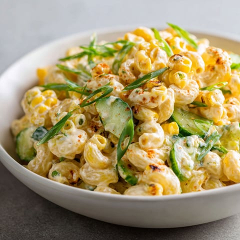 Une salade de macaronis crémeuse au maïs grillé est servie dans un bol.