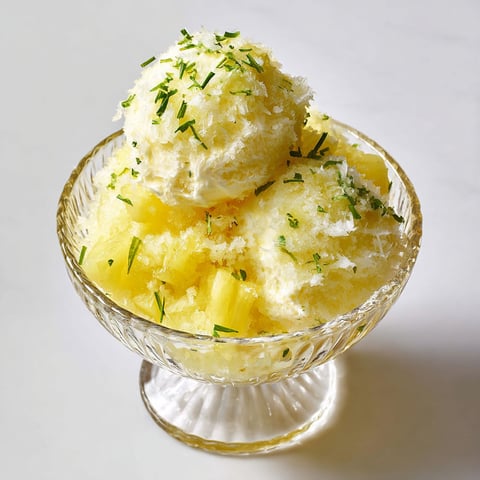 Une portion de glace d'ananas, à la vanille et à la lime, dans un bol de verre.