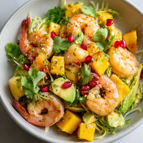 Une salade de crevettes, mangue et avocat est servie dans un bol.