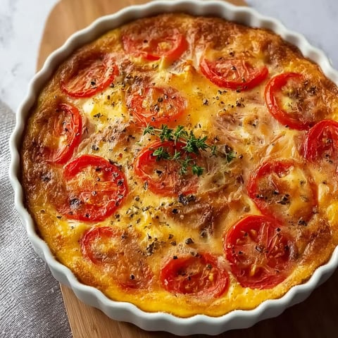 Une quiche simple et délicieuse, faite sans pâte au thon et à la tomate, est servie dans un plat en verre.